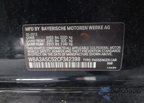 2012 BMW 328I from USA, damaged, VIN WBA3A5C52CF342398